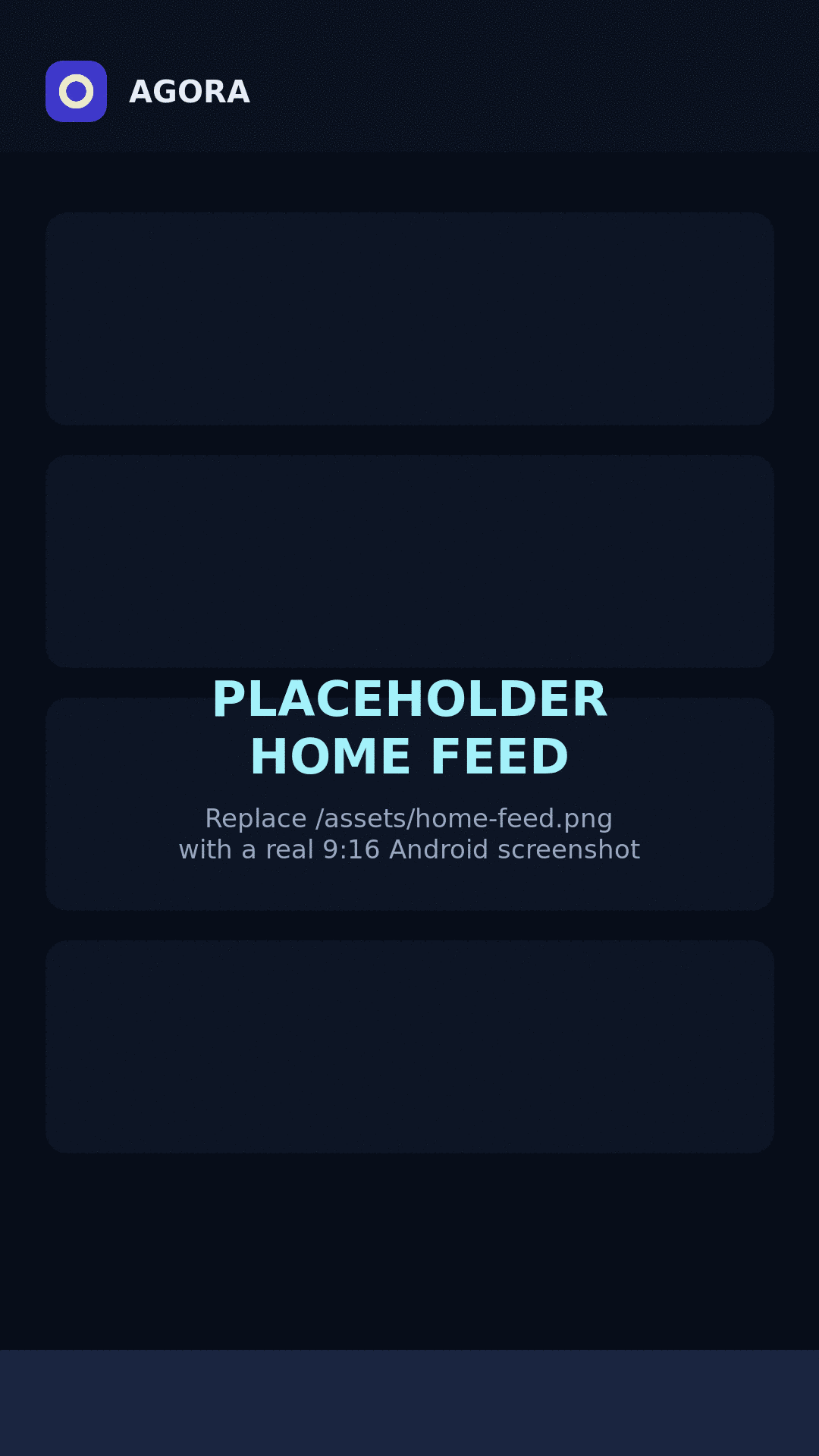 Agora home feed on Android — a strictly chronological timeline of posts, no ads